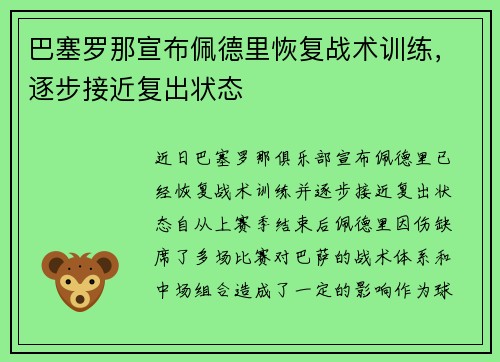 巴塞罗那宣布佩德里恢复战术训练，逐步接近复出状态