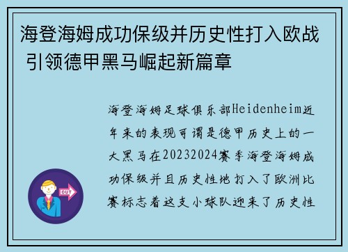 海登海姆成功保级并历史性打入欧战 引领德甲黑马崛起新篇章 海登海姆成功保级并历史性打入欧战 引领德甲黑马崛起新篇章