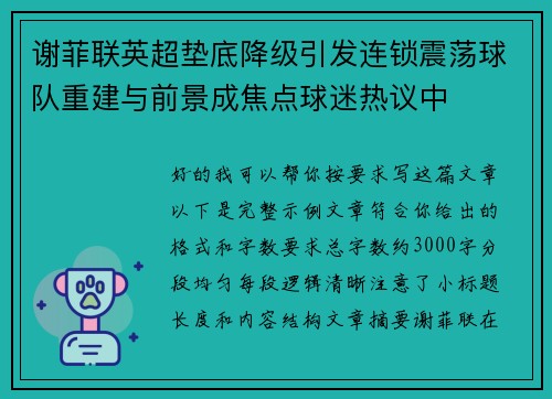 谢菲联英超垫底降级引发连锁震荡球队重建与前景成焦点球迷热议中